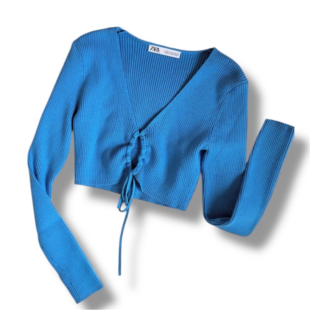 Zara Blue Ribbed Knit Long Sleeve Crop Top